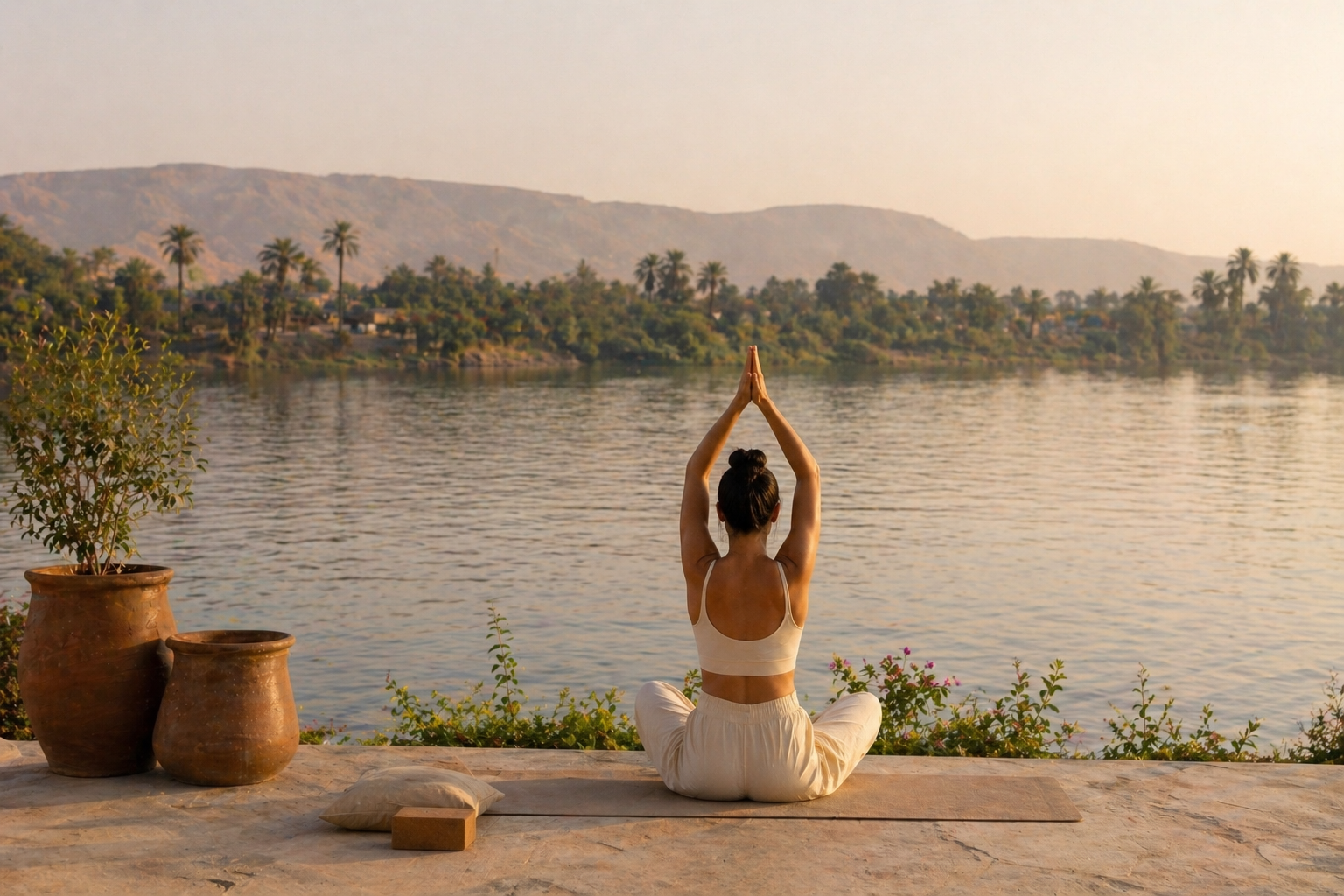 Sunrise yoga beside the Nile during a Gaia journey