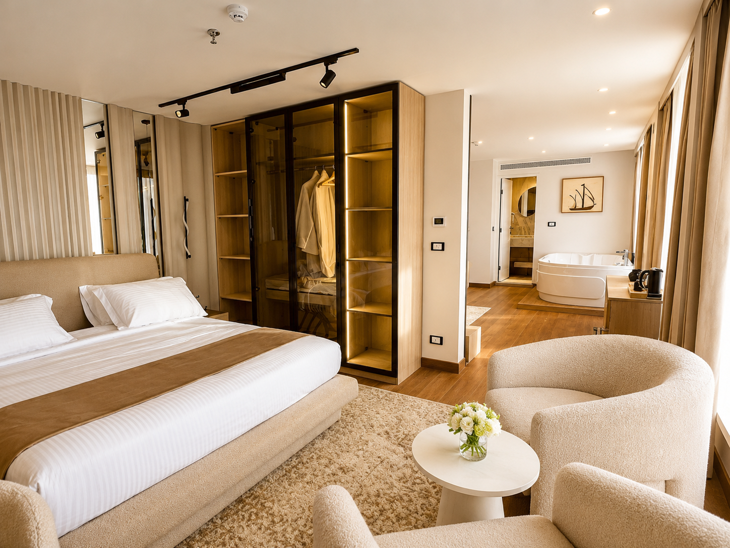 Spacious Nile-view suite aboard Hathor Dahabiya